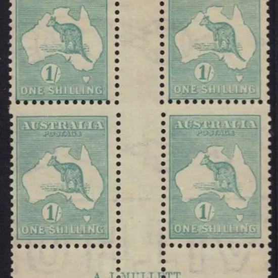 1/- blue green AJ Mullett imprint block of 4 with ...