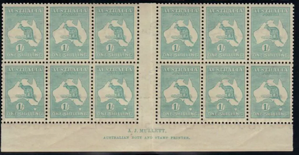1/- blue-green Mullett imprint gutter block of 12 ... Image 1++