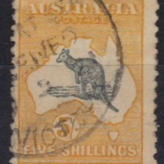 5/- grey & yellow F/U with indistinct Victoria ...