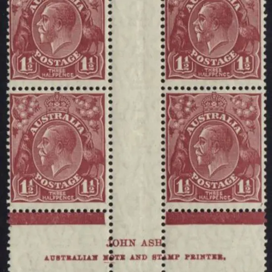 1½d brown John Ash imprint block with "N" over ...