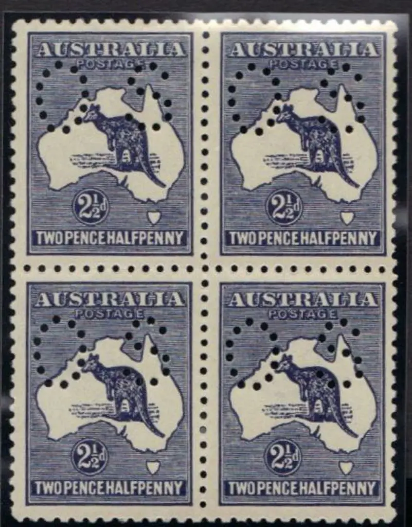 1913 2½d indigo kangaroo block of 4 perfined small ... Image 1++