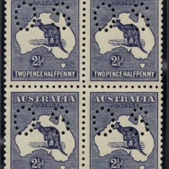 1913 2½d indigo kangaroo block of 4 perfined small ...