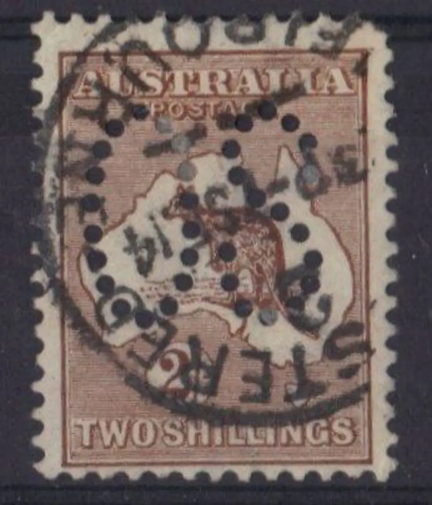 1913 2/- brown kangaroo perfined large "OS" with ... Image 1++