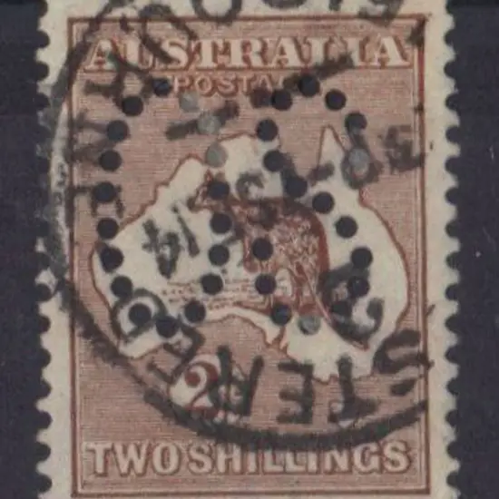 1913 2/- brown kangaroo perfined large "OS" with ...