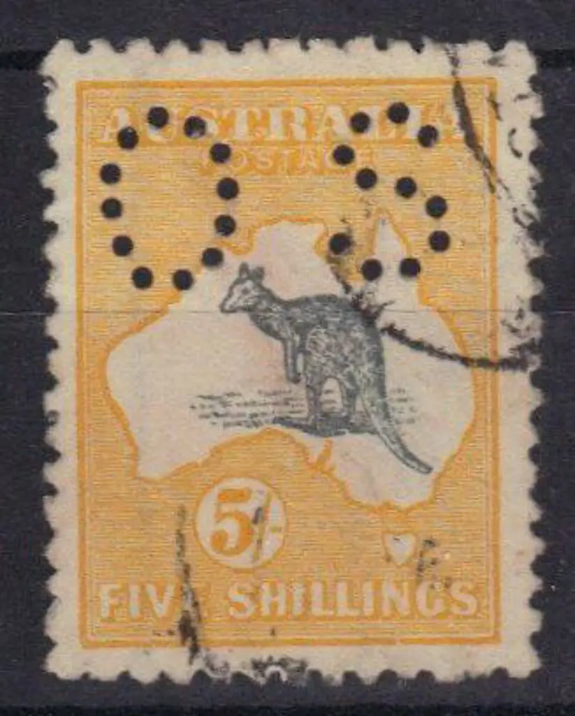 1915 5/- grey & yellow kangaroo perfined small OS. ... Image 1++