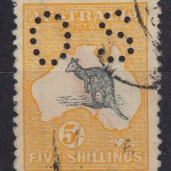 1915 5/- grey & yellow kangaroo perfined small OS. ...