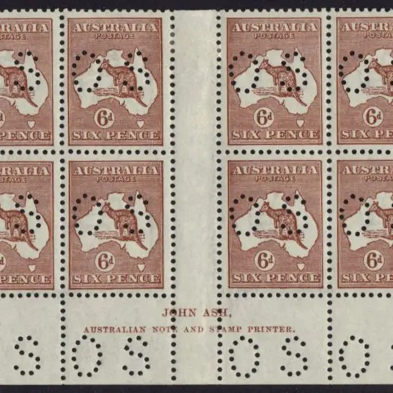 1923 6d chestnut kangaroo John Ash imprint gutter ...