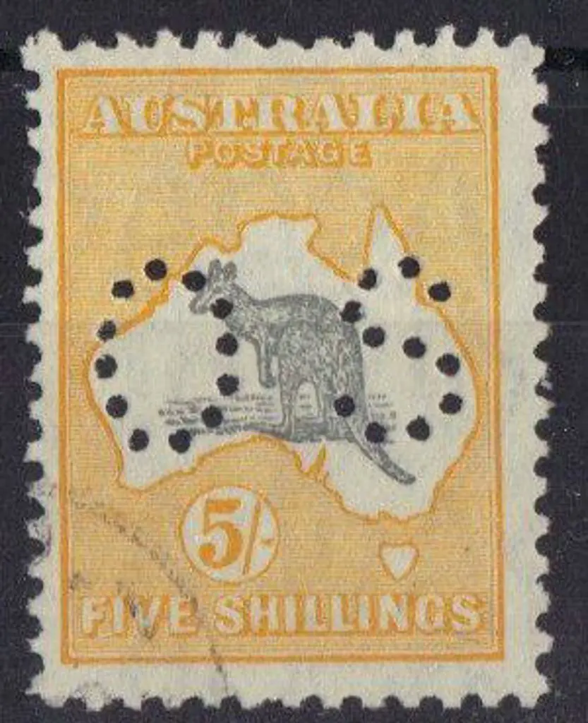 1929 5/- grey & yellow kangaroo perfined small OS. ... Image 1++