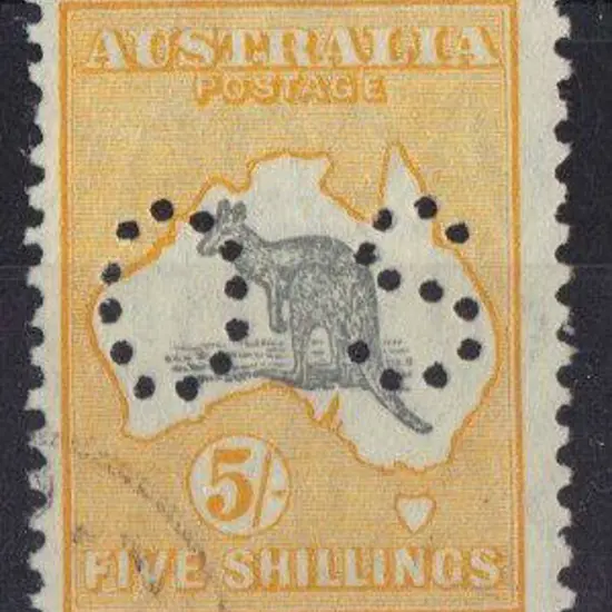 1929 5/- grey & yellow kangaroo perfined small OS. ...