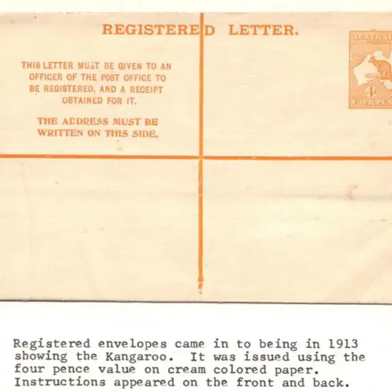 1913 4d orange kangaroo Registered Letter (150mm x ...