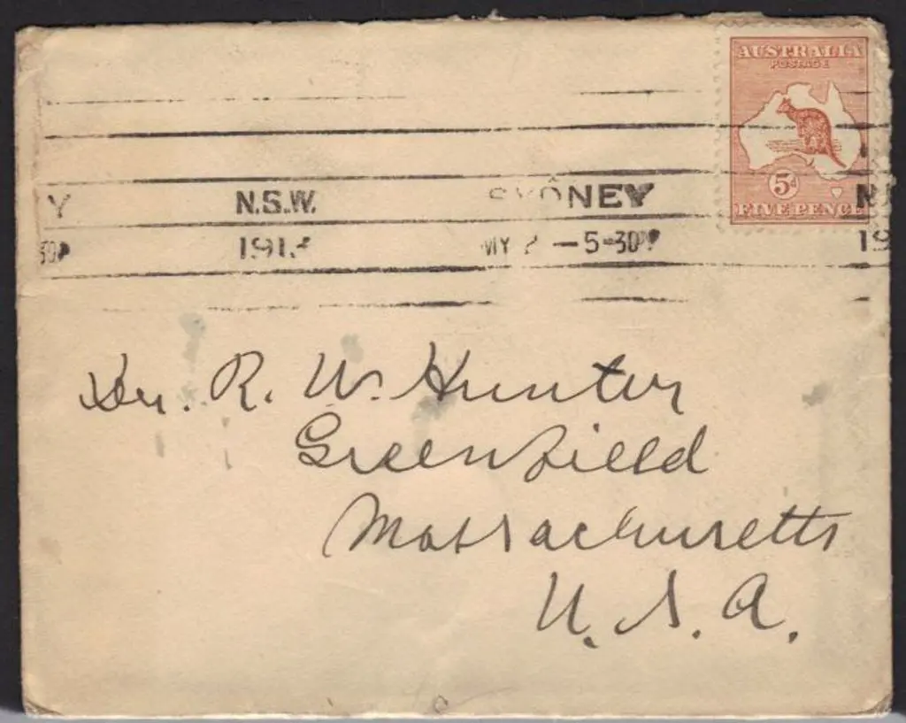 1913 5d chestnut kangaroo on 1913 cover to USA ... Image 1++