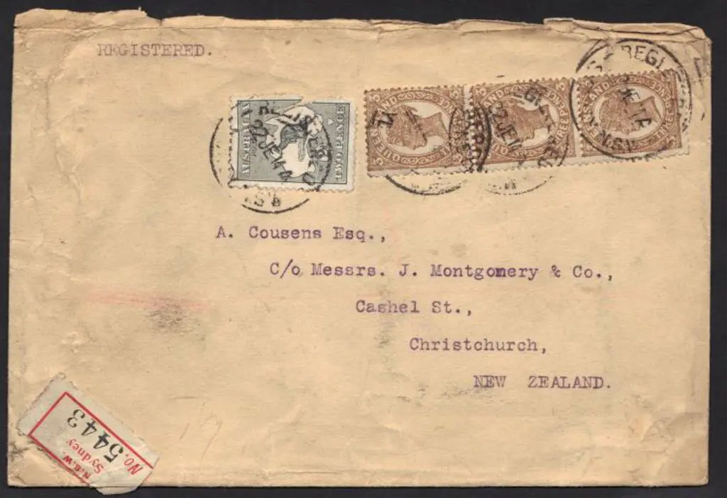 1914 Registered cover Sydney, NSW to Christchurch, ... Image 1++