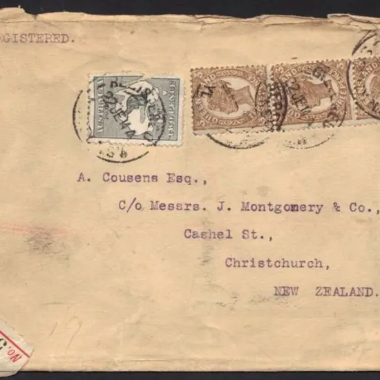 1914 Registered cover Sydney, NSW to Christchurch, ...