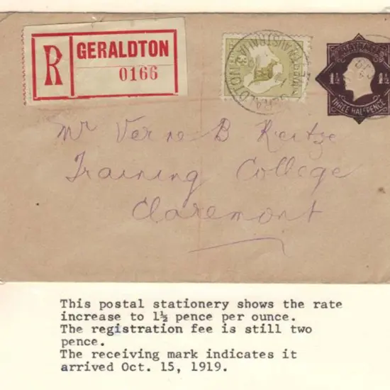1919 1½d brown KGV embossed PSE uprated by 3d ...