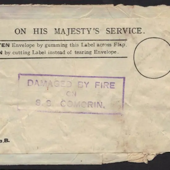 1930 SS Comorin Fire. Cover addressed to London ...