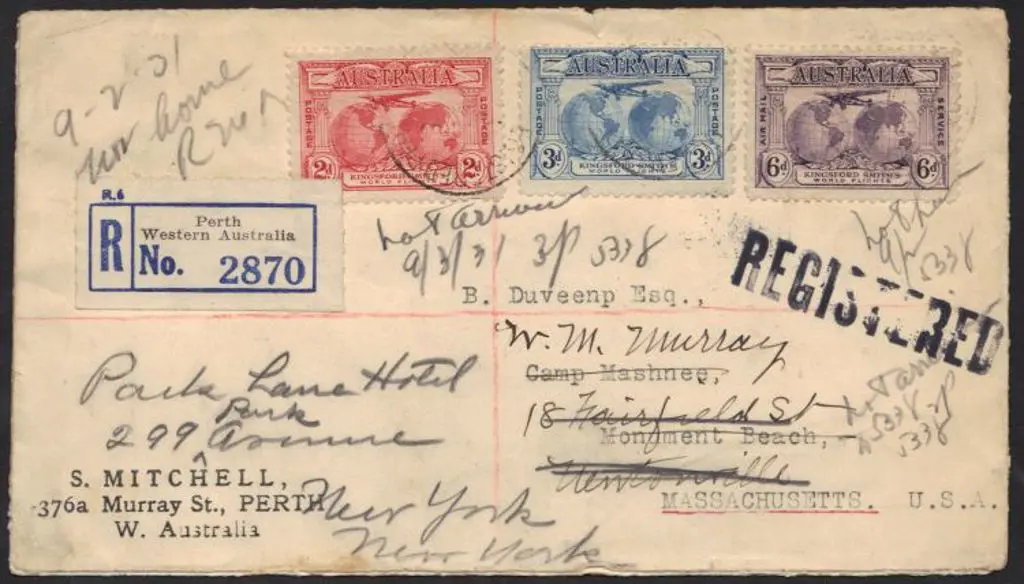 1931 Registered cover Perth to USA re-addressed ... Image 1++