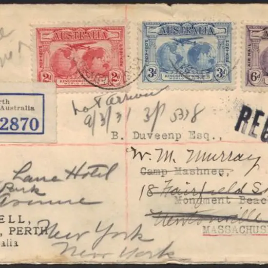 1931 Registered cover Perth to USA re-addressed ...