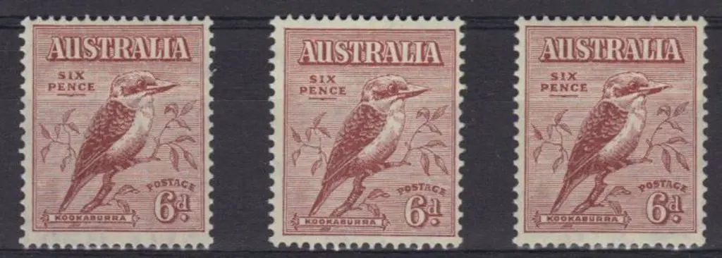 1932 6d typo kookaburra. 3 MUH from different ... Image 1++