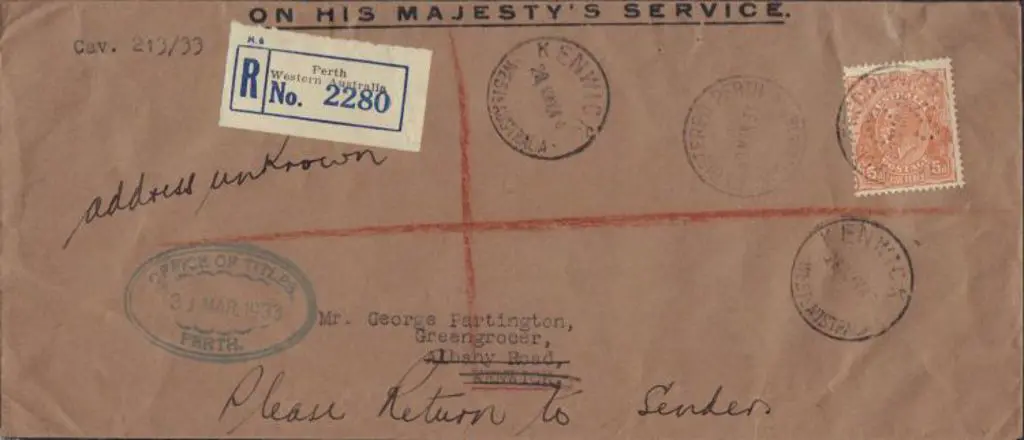 1933 (30th Mar) OHMS Registered with Perth, black ... Image 1++