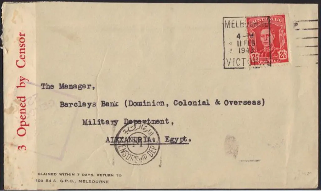 1943 (11th Feb) Censor cover to Barclays Bank, ... Image 1++