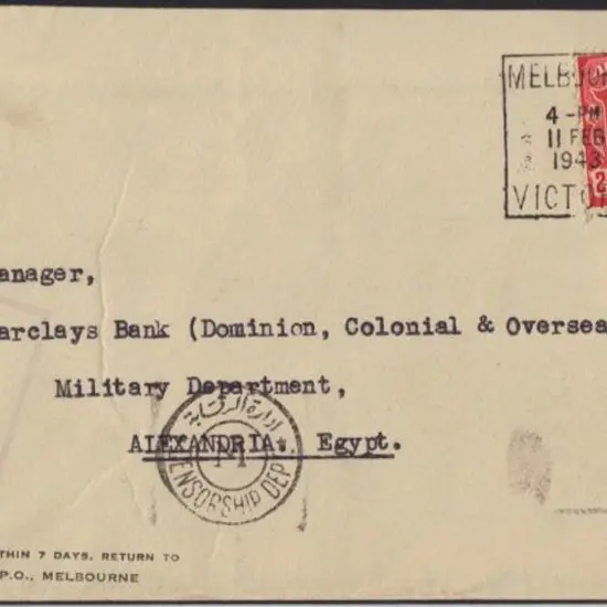 1943 (11th Feb) Censor cover to Barclays Bank, ...