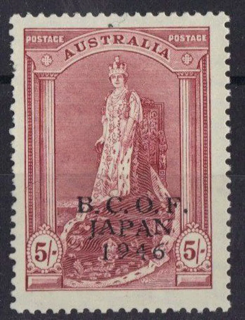 1946 5/- Robes with BCOF ovpt on thick paper. 2 ... Image 1++