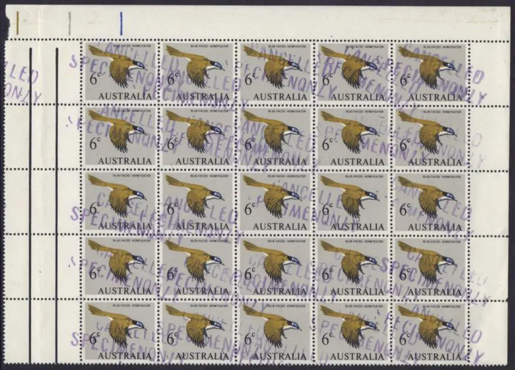 1966 6c Honeyeater block of 25 with gutter to left ... Image 1++