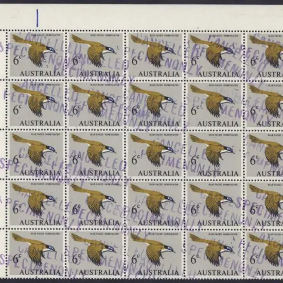 1966 6c Honeyeater block of 25 with gutter to left ...