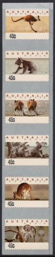 1994 45c Kangaroos & Koalas CPS strip of 6 uncut ... Image 1++