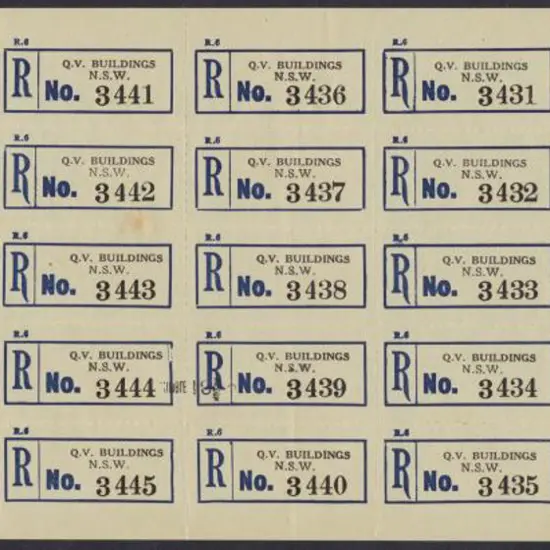 Registration labels. Blue & Black "QV BUILDINGS ...
