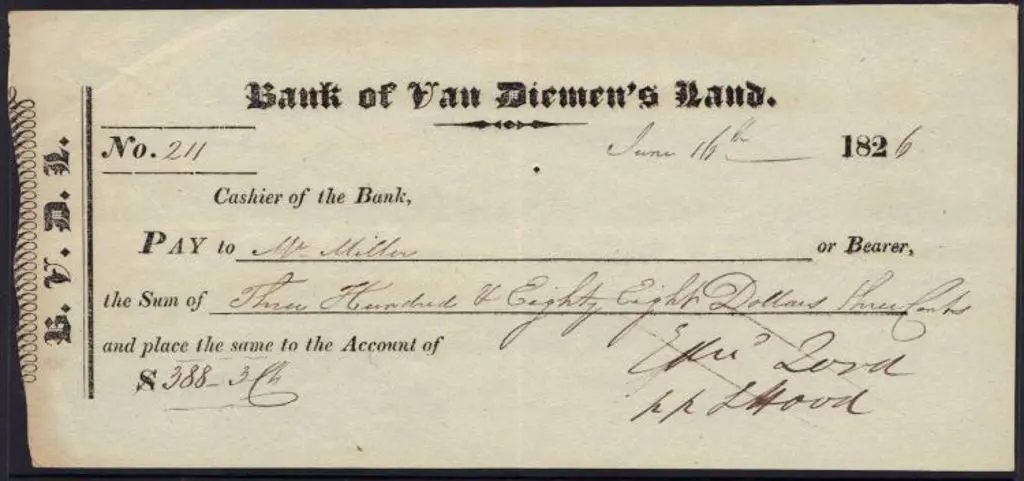 1826 "Bank of Van Diemen's Land" cheque drawn in ... Image 1++