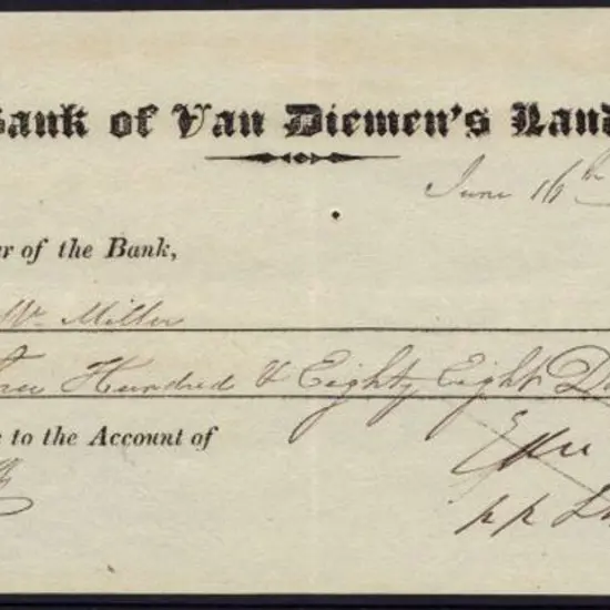 1826 "Bank of Van Diemen's Land" cheque drawn in ...