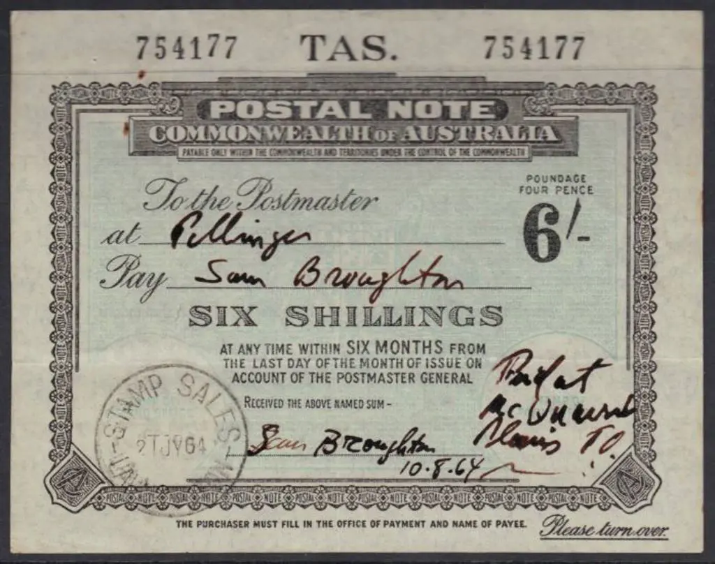 1964 6/- Postal Note (redeemed) with "Stamp Sales/ ... Image 1++