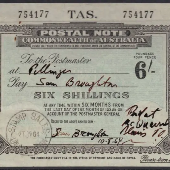 1964 6/- Postal Note (redeemed) with "Stamp Sales/ ...