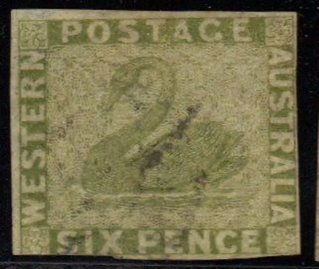 1860 6d sage-green swan with three clear to large ... Image 1++