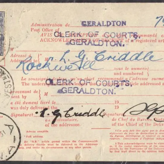 1931 Avis de Reception from "Yuna 7 OC 31 WA" cds ...