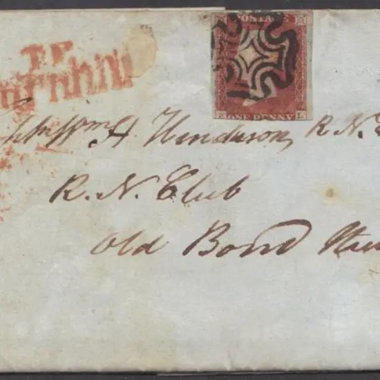1843 entire with 1d red brown, cut into at base, ...