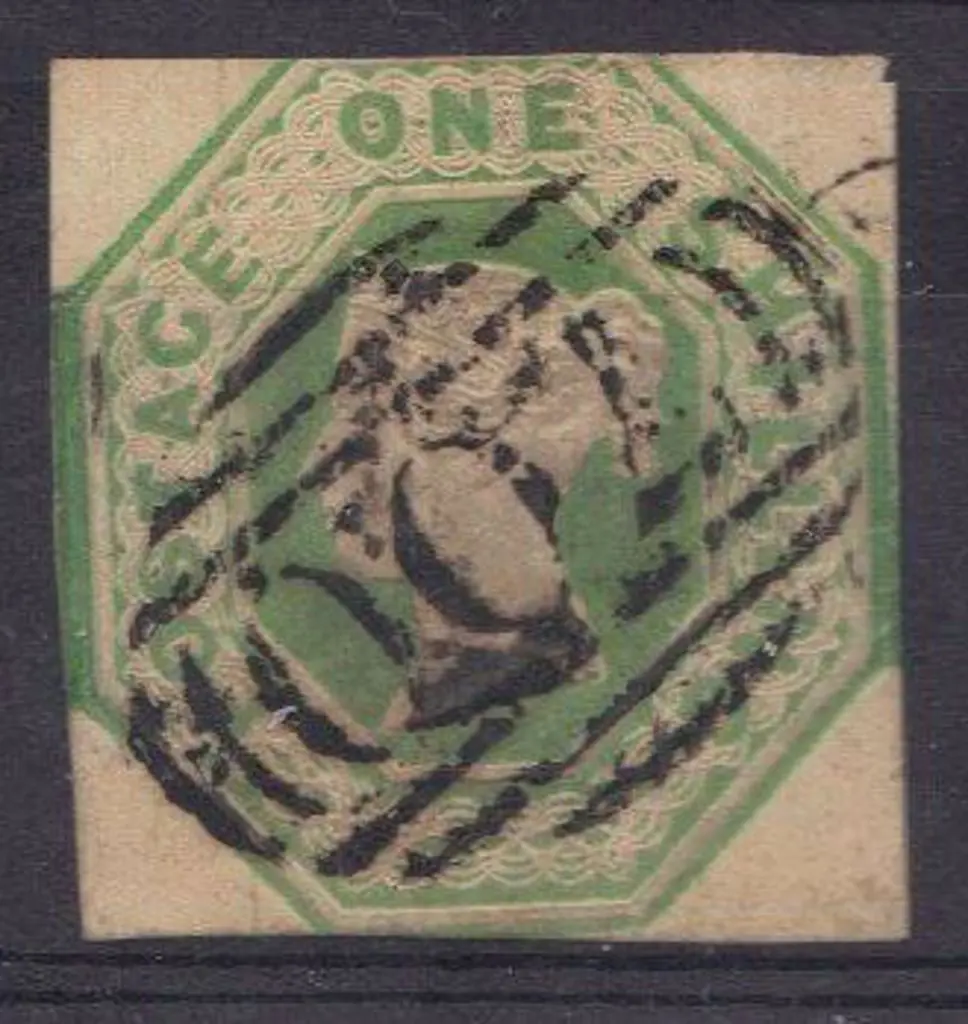 1847 1/- green embossed QV cut square with one ... Image 1++