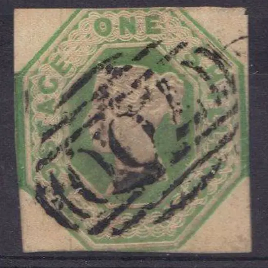 1847 1/- green embossed QV cut square with one ...