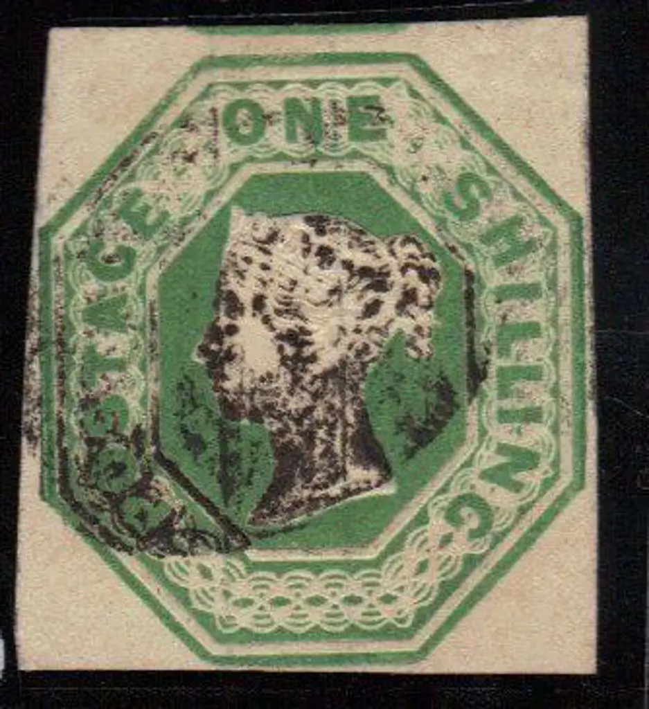 1847 1/- green embossed QV cut square with four ... Image 1++