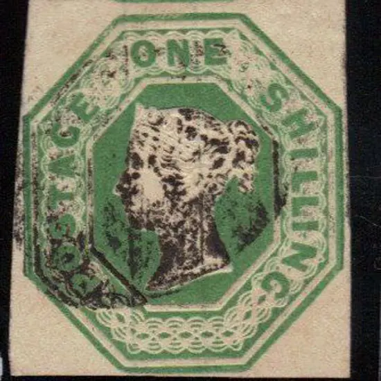 1847 1/- green embossed QV cut square with four ...