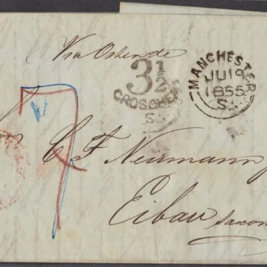 1855 (19 July) stampless lettersheet to Saxony, ...
