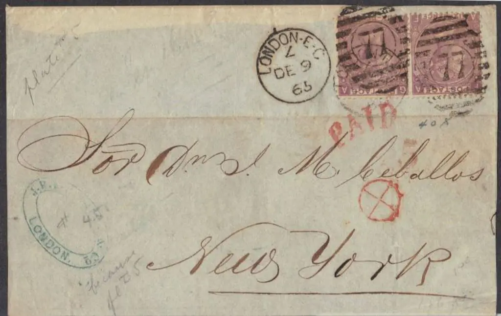 1865 front to New York bearing pair 1865/67 6d ... Image 1++