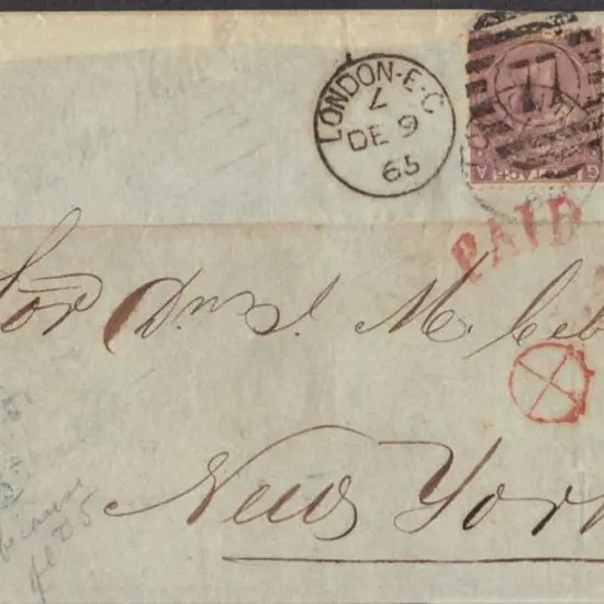 1865 front to New York bearing pair 1865/67 6d ...