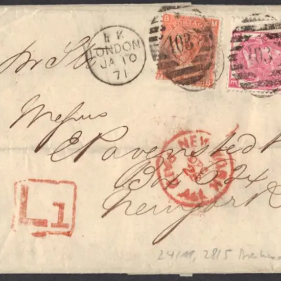 1871 (10th Jan) London to New York entire with ...