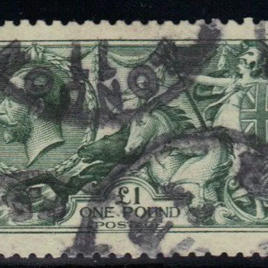 1913 £1 green Seahorse. Good used with 4 part ...