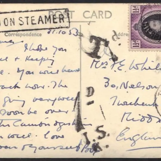 1953 Postcard of MV Aureol with Sierra Leone 1½d ...