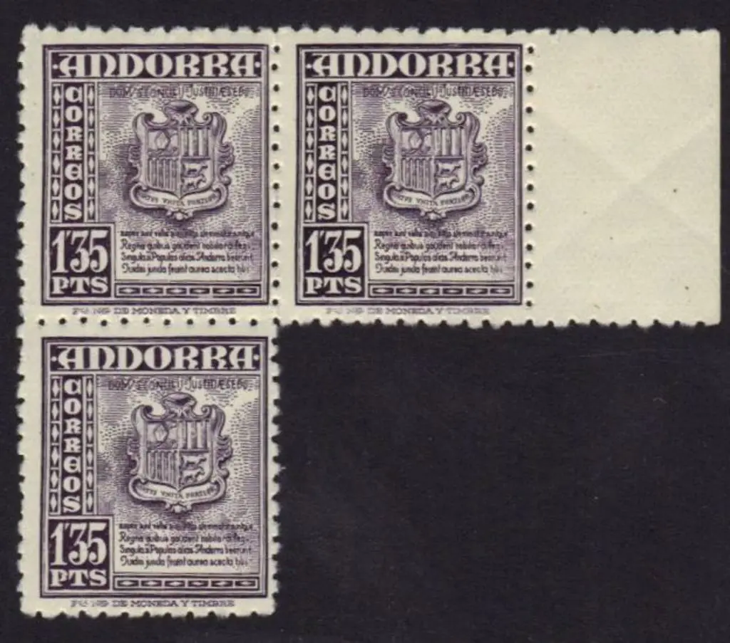 Andorra (Spanish) 1948 1p35 violet Arms block of 3 ... Image 1++