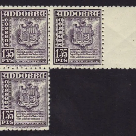 Andorra (Spanish) 1948 1p35 violet Arms block of 3 ...
