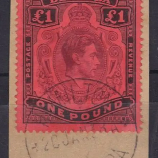 Bermuda 1940 £1 purple & black/red on piece with ...